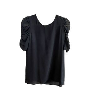 Theory Black Top with Sheer Ruched Sleeves